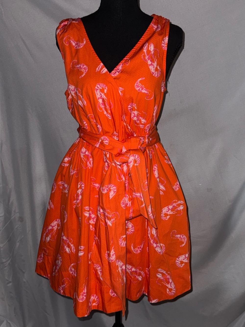 Anthropologie Orange V-Neck Sleeveless Tie-Waist Mini Dress with Pink Print